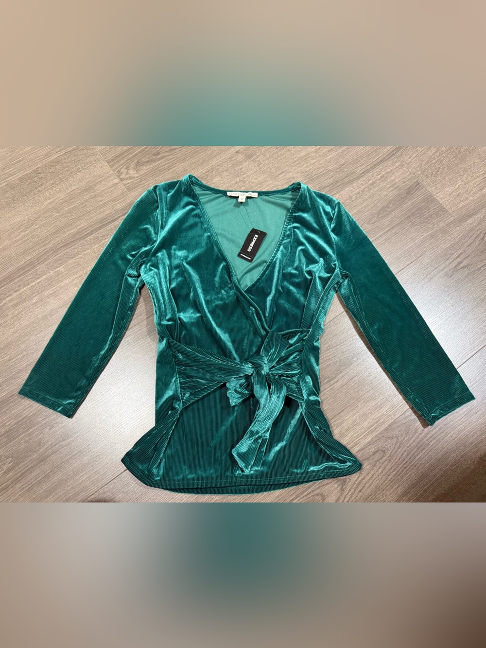 Express Green Velvet Wrap Tie top